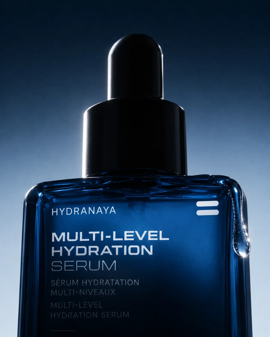 The HYDRANAYA serum dropper in near silhouette against midnight navy, one drop of serum catching the light
