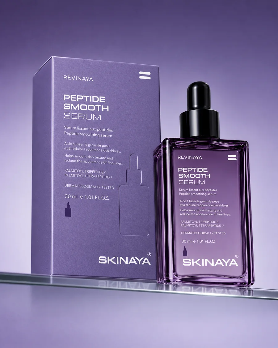 The REVINAYA Peptide Smooth Serum carton and bottle on a glass shelf