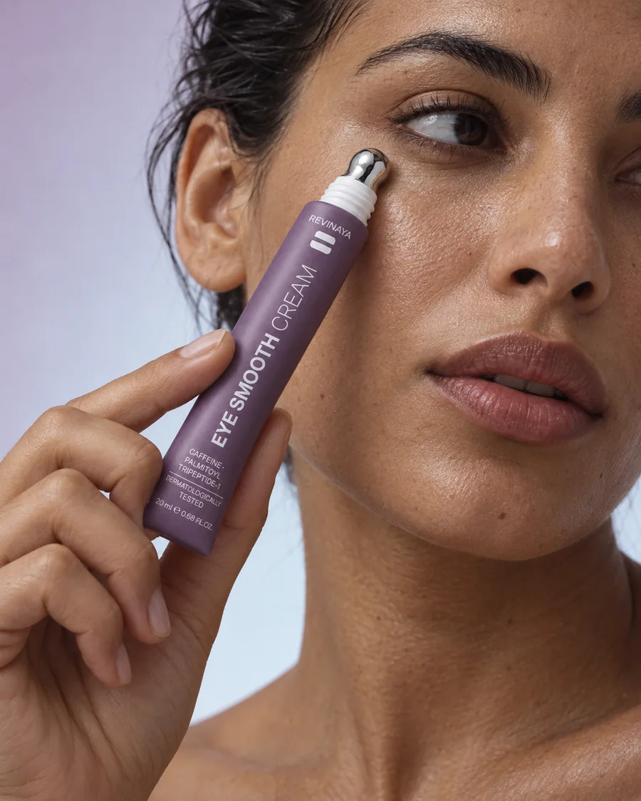 A woman holding the REVINAYA Eye Smooth Cream roll-on under her eye