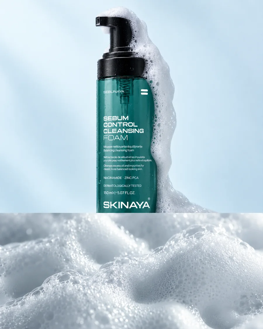 The SEBUNAYA Sebum Control Cleansing Foam with white foam spilling from the pump, above a macro of the foam
