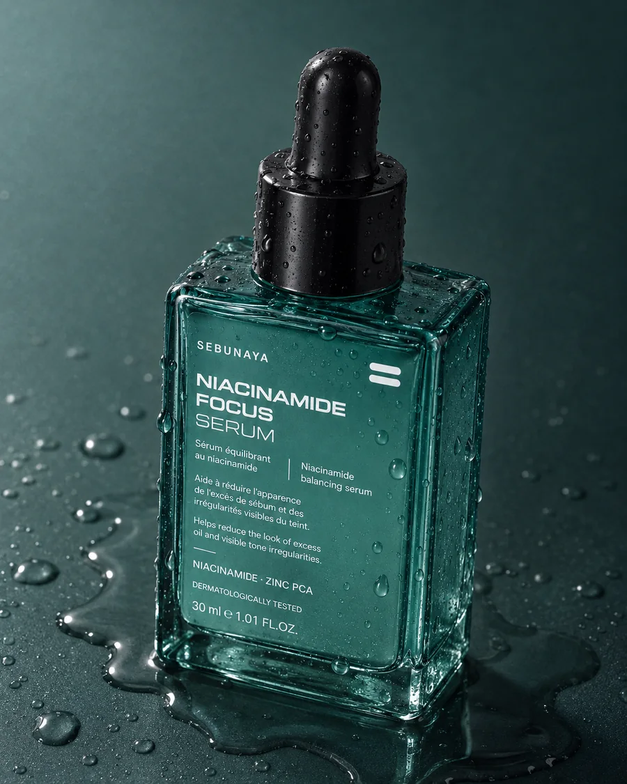 The SEBUNAYA Niacinamide Focus Serum in a shallow pool of water on eucalyptus slate