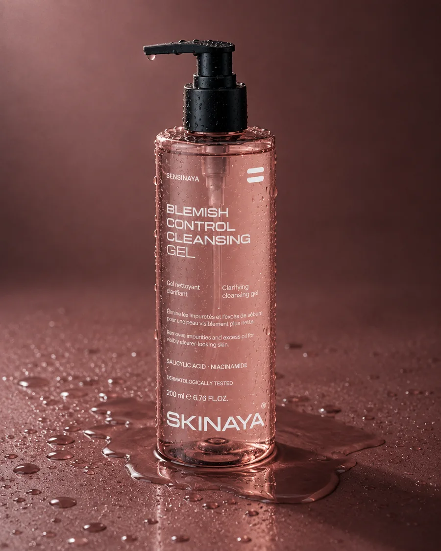 The SENSINAYA Blemish Control Cleansing Gel beaded with water in a shallow pool on deep mineral rose